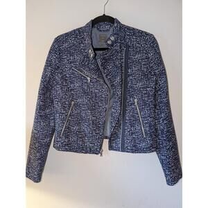 Gap Moto Jacket Womens Size XS Navy White Tweed Asymmetrical Zipper Edgy Chic